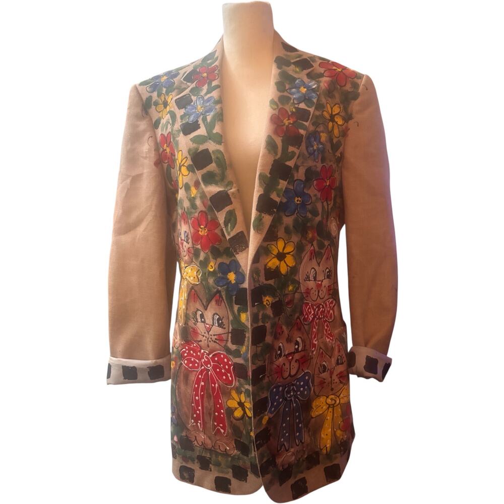 Vintage Hand Painted Art to Wear Blazer, Cat & Floral Design, Medium